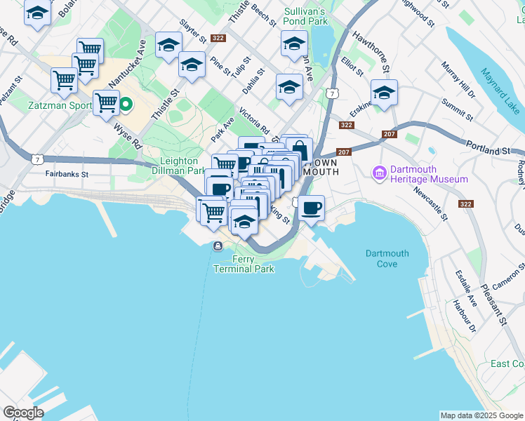 map of restaurants, bars, coffee shops, grocery stores, and more near in Dartmouth
