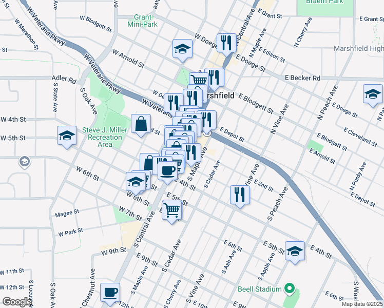 map of restaurants, bars, coffee shops, grocery stores, and more near 211 South Central Avenue in Marshfield