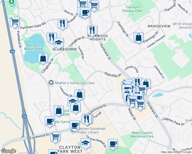 map of restaurants, bars, coffee shops, grocery stores, and more near 6 Warwick Lane in Halifax