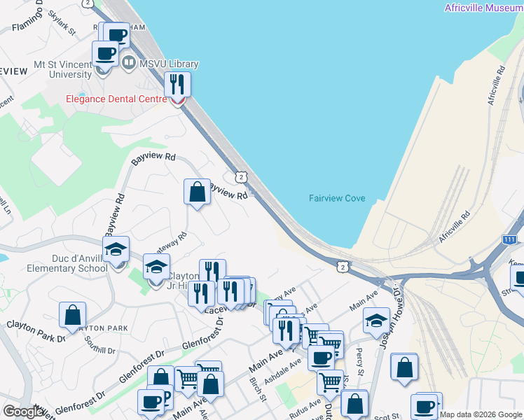 map of restaurants, bars, coffee shops, grocery stores, and more near 58 Bedford Highway in Halifax