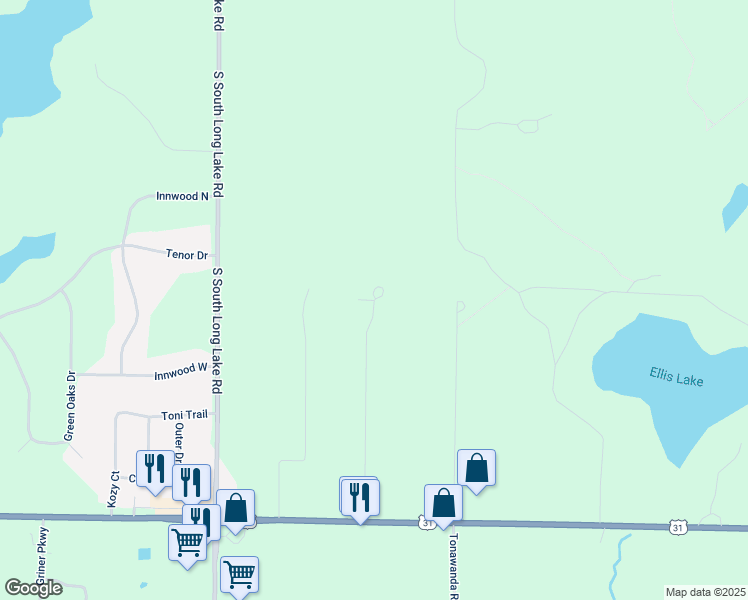 map of restaurants, bars, coffee shops, grocery stores, and more near 1406 White Oak Lane in Interlochen