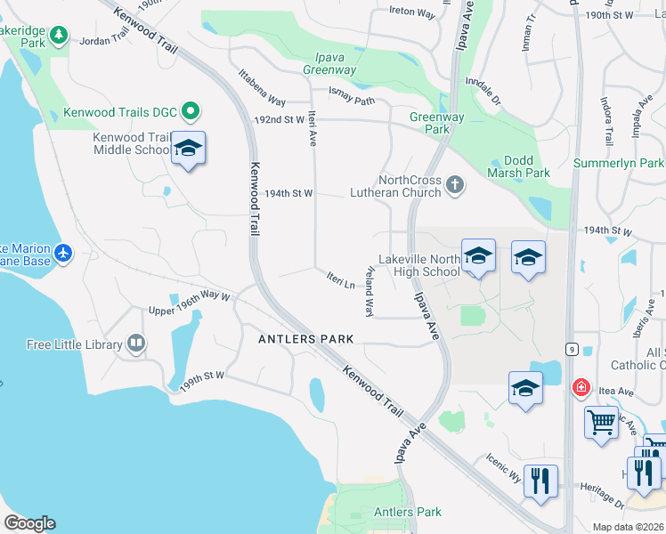 map of restaurants, bars, coffee shops, grocery stores, and more near 9851 Iteri Lane in Lakeville