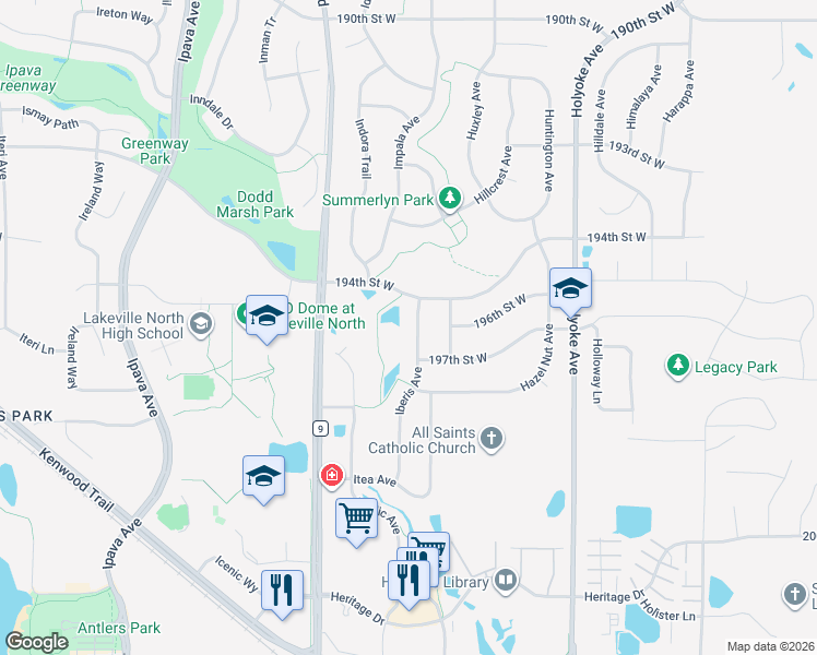 map of restaurants, bars, coffee shops, grocery stores, and more near 19597 Iberis Avenue in Lakeville