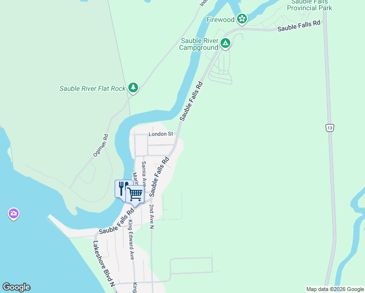 map of restaurants, bars, coffee shops, grocery stores, and more near 1245 Sauble Falls Road in Sauble Beach