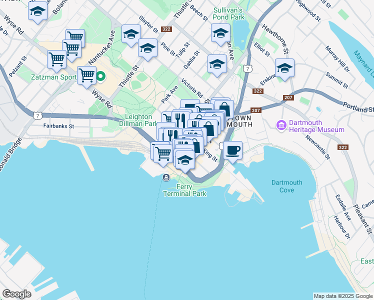 map of restaurants, bars, coffee shops, grocery stores, and more near 28 Queen Street in Dartmouth
