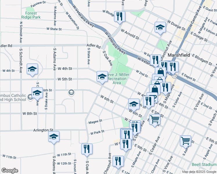 map of restaurants, bars, coffee shops, grocery stores, and more near 410 South Pine Avenue in Marshfield