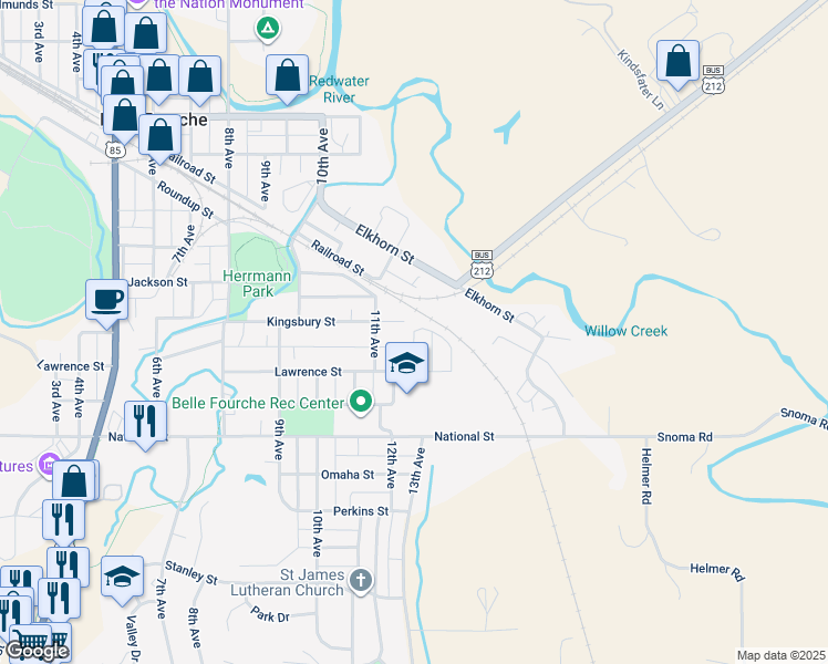 map of restaurants, bars, coffee shops, grocery stores, and more near 1214 Kinsbury St in Belle Fourche