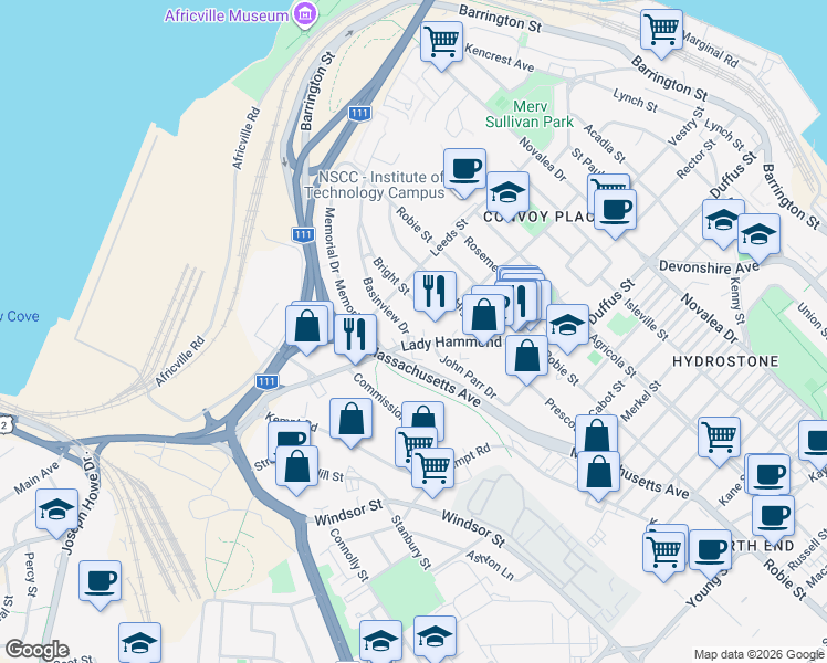 map of restaurants, bars, coffee shops, grocery stores, and more near 6189 Lady Hammond Road in Halifax