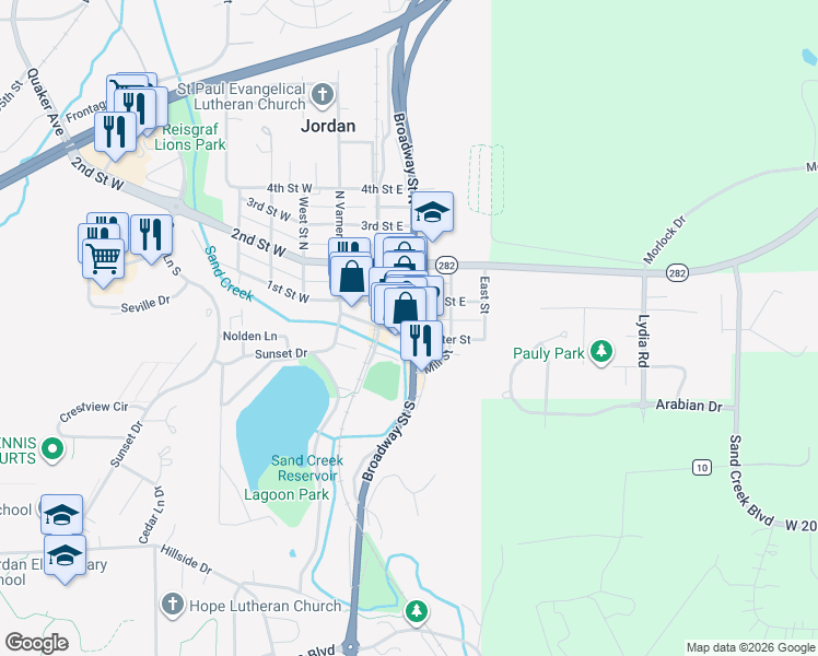 map of restaurants, bars, coffee shops, grocery stores, and more near 230 Broadway Street South in Jordan