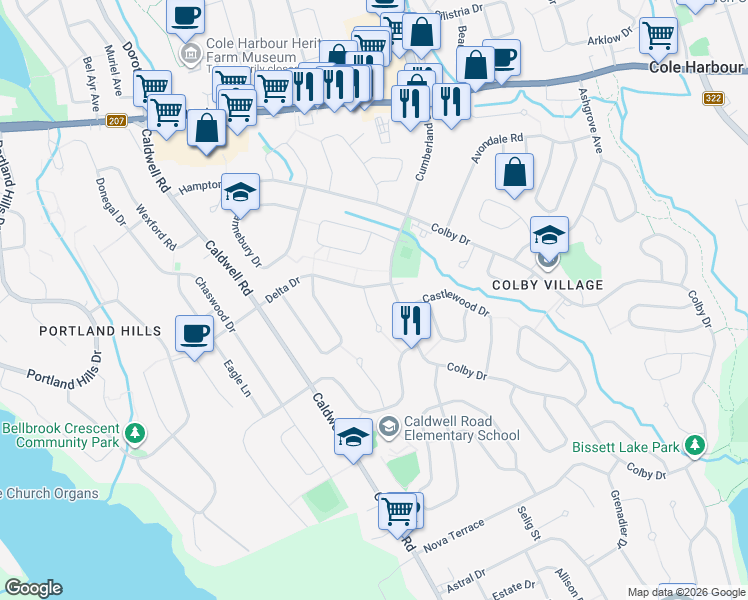 map of restaurants, bars, coffee shops, grocery stores, and more near 10 Delwood Place in Dartmouth