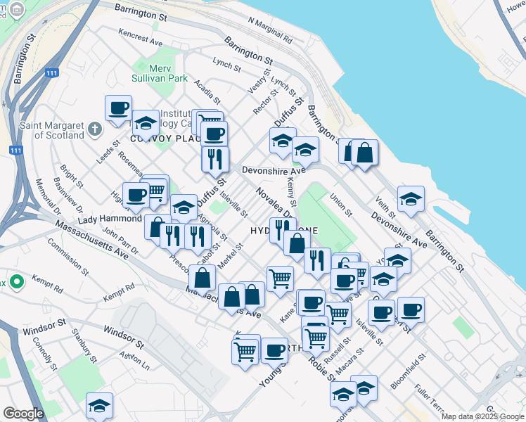 map of restaurants, bars, coffee shops, grocery stores, and more near 5525 Merkel Place in Halifax