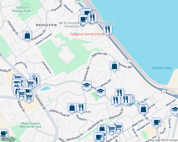 map of restaurants, bars, coffee shops, grocery stores, and more near 86 Bayview Road in Halifax