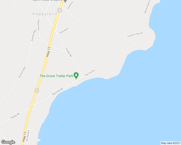 map of restaurants, bars, coffee shops, grocery stores, and more near 1989 Big Chief Road in Orillia