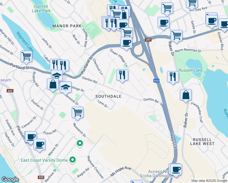 map of restaurants, bars, coffee shops, grocery stores, and more near 54a Dartmouth Avenue in Dartmouth