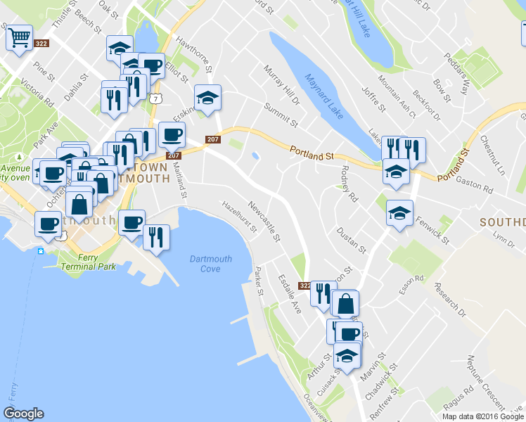 map of restaurants, bars, coffee shops, grocery stores, and more near 69 Newcastle Street in Dartmouth