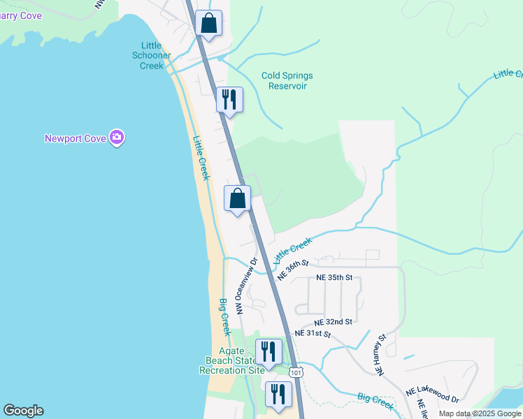 map of restaurants, bars, coffee shops, grocery stores, and more near Oregon Coast Hwy in Newport