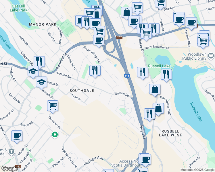 map of restaurants, bars, coffee shops, grocery stores, and more near 12 Marilyn Drive in Dartmouth