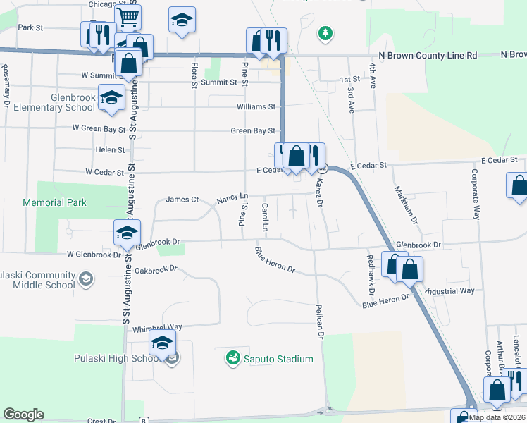 map of restaurants, bars, coffee shops, grocery stores, and more near 712 Carol Lane in Pulaski