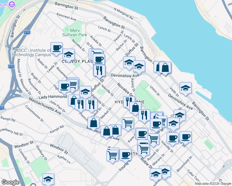 map of restaurants, bars, coffee shops, grocery stores, and more near 5525 Merkel Place in Halifax