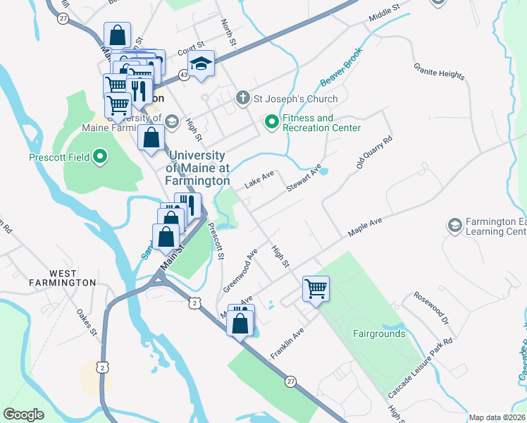 map of restaurants, bars, coffee shops, grocery stores, and more near 127 Sawtelle Lane in Farmington