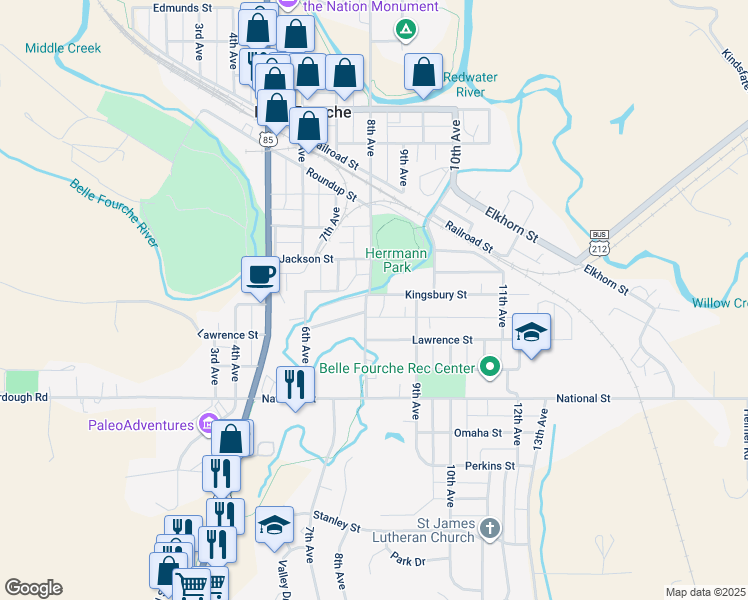 map of restaurants, bars, coffee shops, grocery stores, and more near 810 Kingsbury Street in Belle Fourche