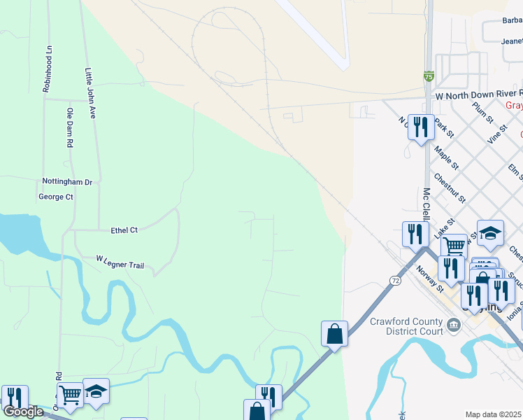 map of restaurants, bars, coffee shops, grocery stores, and more near 1-57 Evergreen Drive in Grayling
