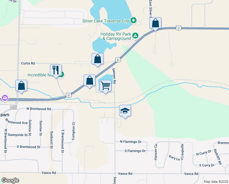 map of restaurants, bars, coffee shops, grocery stores, and more near 5001 Sawyer Road in Traverse City