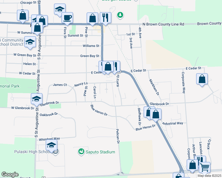 map of restaurants, bars, coffee shops, grocery stores, and more near 719 Karcz Drive in Pulaski