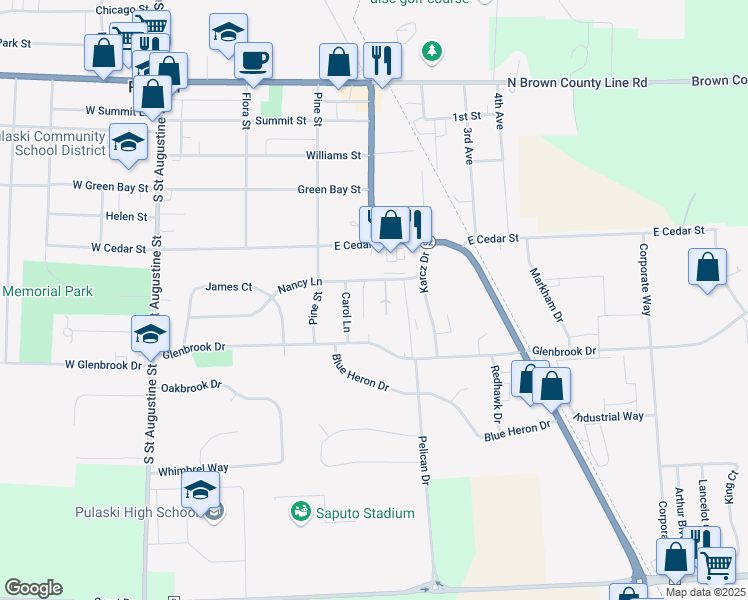 map of restaurants, bars, coffee shops, grocery stores, and more near 430 Nancy Lane in Pulaski