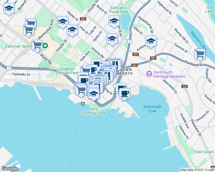 map of restaurants, bars, coffee shops, grocery stores, and more near 84 Portland Street in Dartmouth