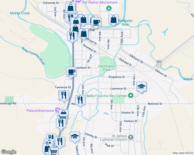 map of restaurants, bars, coffee shops, grocery stores, and more near 813 Kingsbury Street in Belle Fourche
