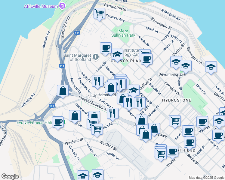 map of restaurants, bars, coffee shops, grocery stores, and more near 6045 Lady Hammond Road in Halifax