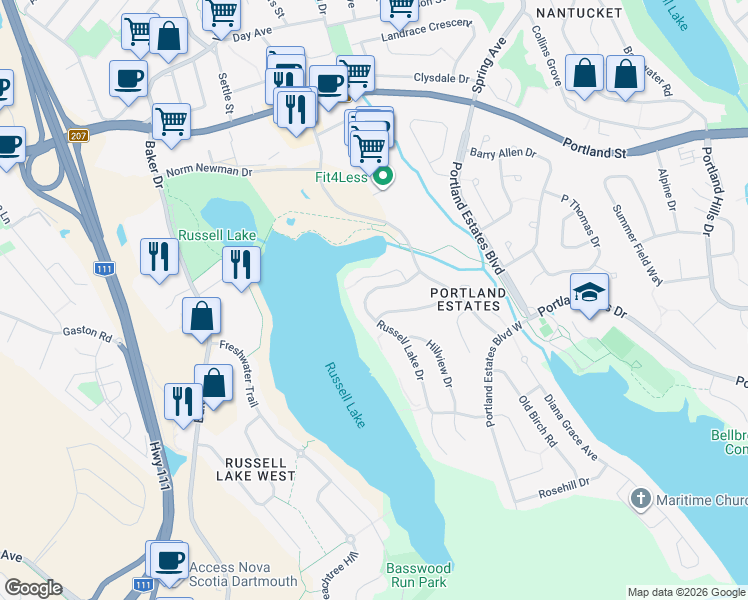 map of restaurants, bars, coffee shops, grocery stores, and more near 92 Russell Lake Drive in Dartmouth