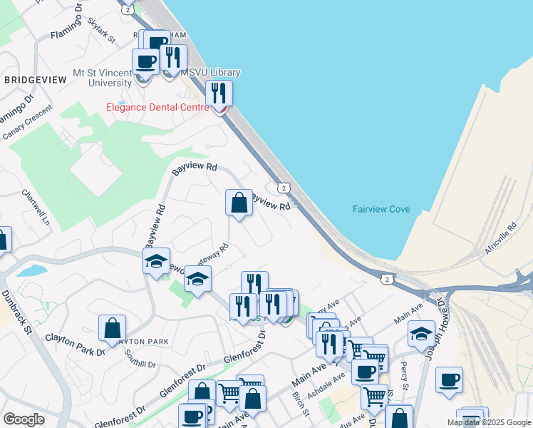 map of restaurants, bars, coffee shops, grocery stores, and more near 6 Laurentide Drive in Halifax