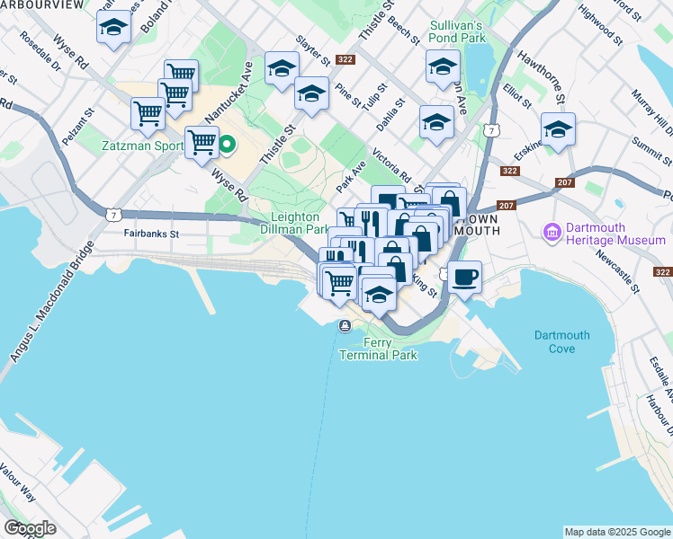 map of restaurants, bars, coffee shops, grocery stores, and more near 25 Alderney Drive in Dartmouth