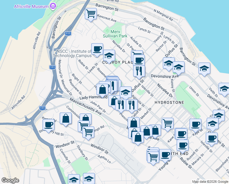 map of restaurants, bars, coffee shops, grocery stores, and more near 3553 Robie Street in Halifax