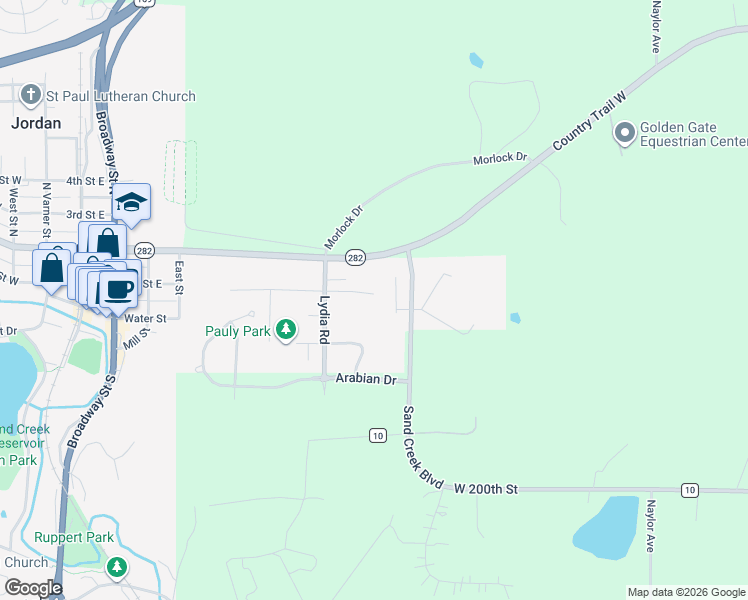map of restaurants, bars, coffee shops, grocery stores, and more near 109 Lydia Road in Jordan