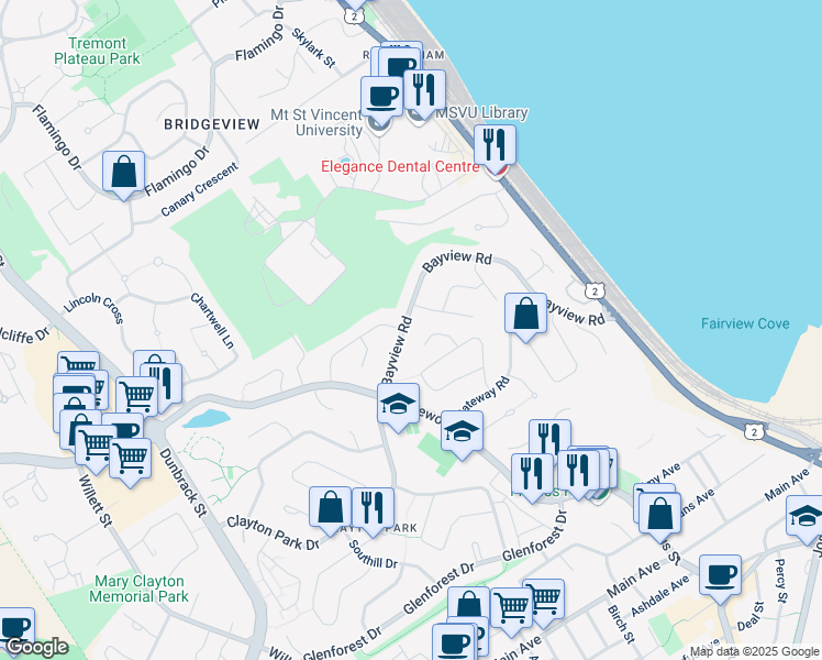 map of restaurants, bars, coffee shops, grocery stores, and more near 86 Bayview Road in Halifax
