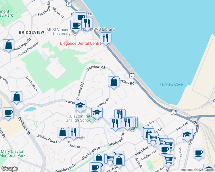map of restaurants, bars, coffee shops, grocery stores, and more near 17 Gateway Road in Halifax