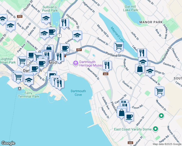map of restaurants, bars, coffee shops, grocery stores, and more near 58 Newcastle Street in Dartmouth