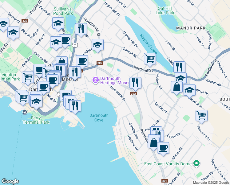 map of restaurants, bars, coffee shops, grocery stores, and more near 58 Newcastle Street in Dartmouth