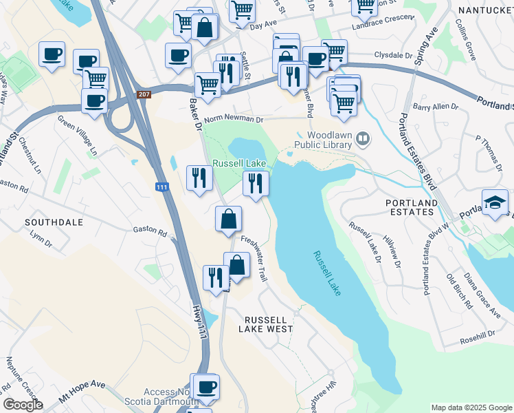 map of restaurants, bars, coffee shops, grocery stores, and more near 20 Freshwater Trail in Dartmouth