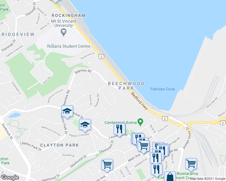 map of restaurants, bars, coffee shops, grocery stores, and more near 6 Laurentide Drive in Halifax