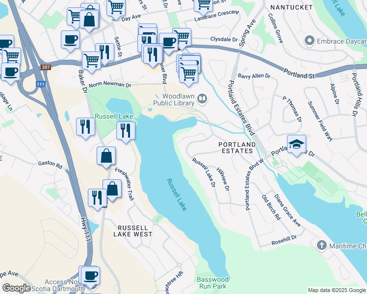 map of restaurants, bars, coffee shops, grocery stores, and more near 111 Russell Lake Drive in Dartmouth