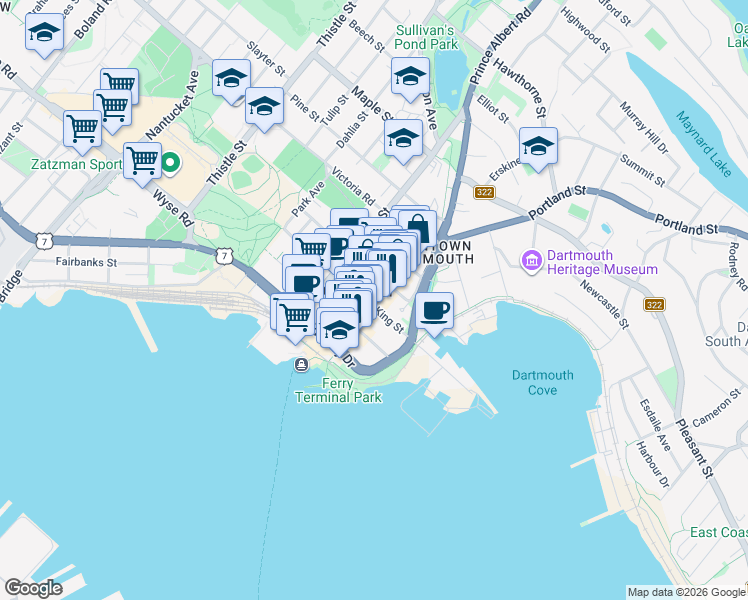 map of restaurants, bars, coffee shops, grocery stores, and more near in Dartmouth