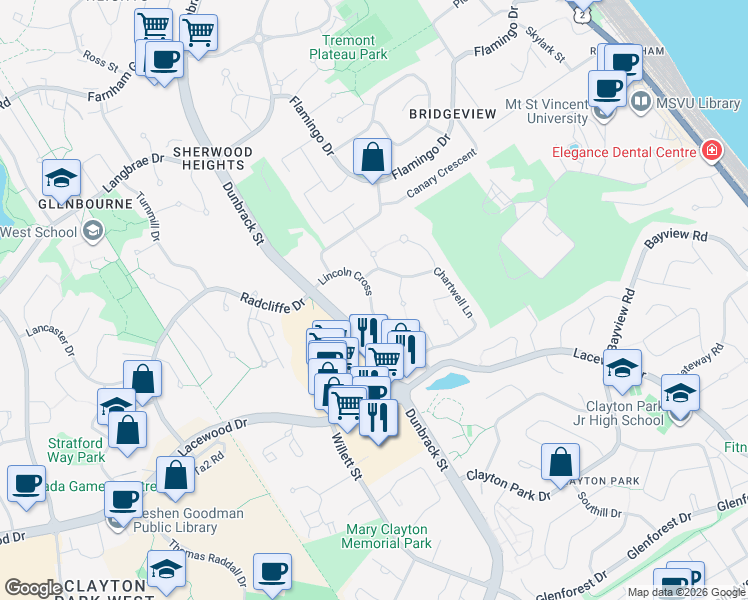 map of restaurants, bars, coffee shops, grocery stores, and more near 89 Lincoln Cross in Halifax