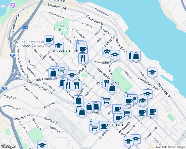 map of restaurants, bars, coffee shops, grocery stores, and more near 5547 Cabot Place in Halifax