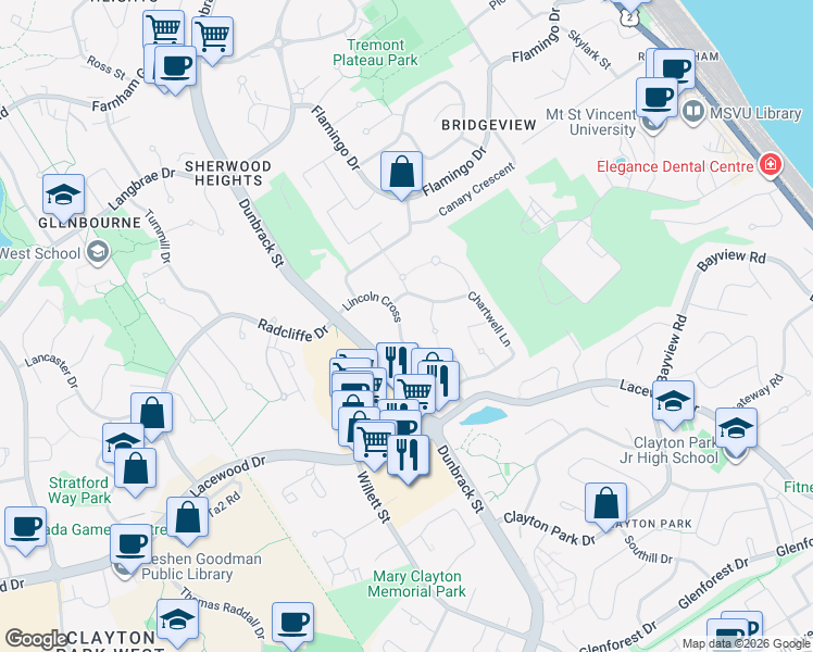 map of restaurants, bars, coffee shops, grocery stores, and more near 89 Lincoln Cross in Halifax
