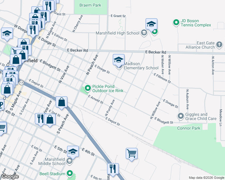 map of restaurants, bars, coffee shops, grocery stores, and more near 1013 East Blodgett Street in Marshfield
