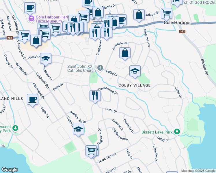 map of restaurants, bars, coffee shops, grocery stores, and more near 63 Castlewood Drive in Dartmouth